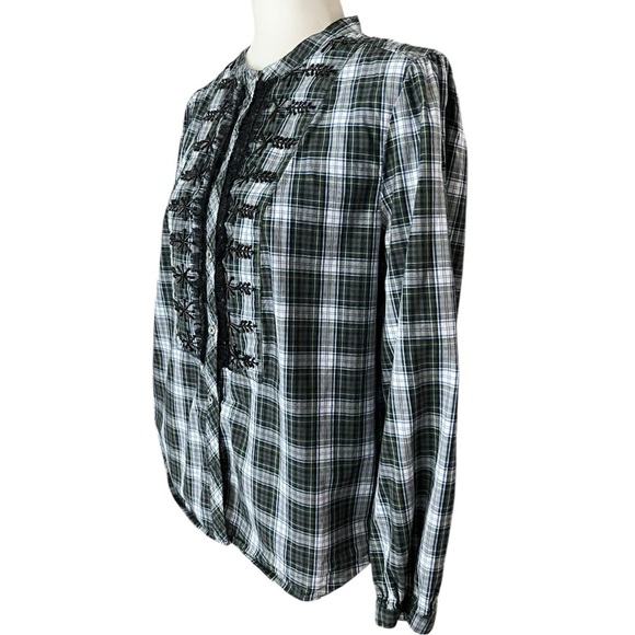 J.Crew Blue Green Tartan Plaid Button Down Top Size Large Ruffled Beaded Blouse - Picture 3 of 14
